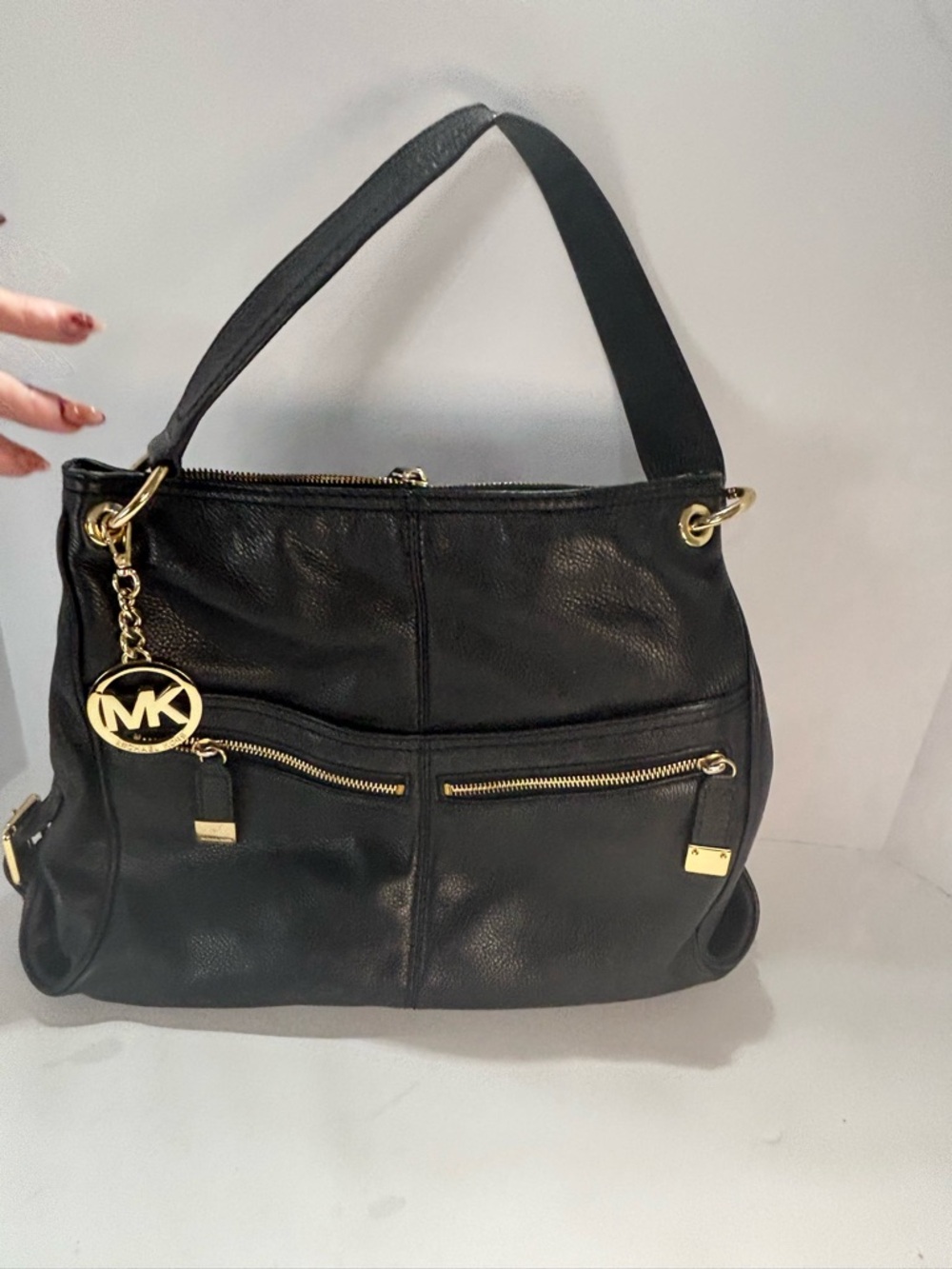 Michael Kors Black Leather Shoulder Hobo Bag with Gold Accents